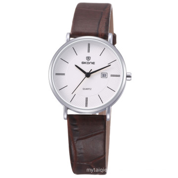 SKONE 9307 ladies brown leather strap silver color watch
